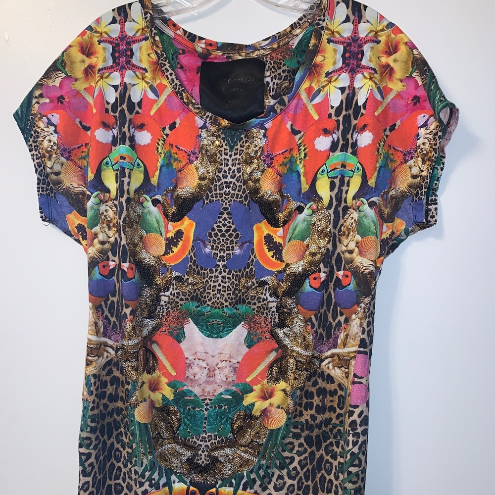 Philipp Plein Tropical Metallic Beaded Bling S/S Top, L